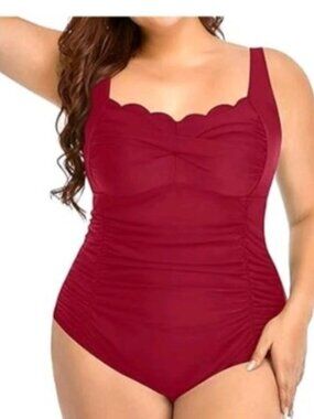 Aqua Eve Womens Plus Size 24W Scalloped Ruched Burgundy One-Piece Swimsuit Adj